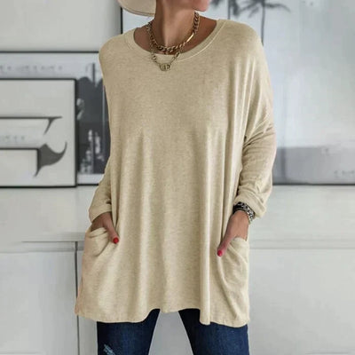 Cariel | Mode Tunika Top Tasche Lose Rundhals Langarm