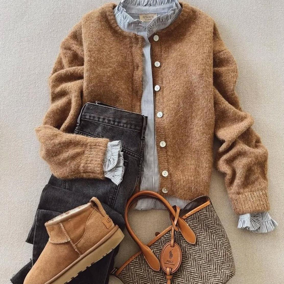 Ella - Brauner langärmeliger einfarbiger Cardigan