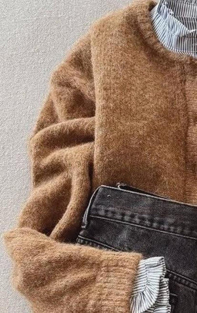 Ella - Brauner langärmeliger einfarbiger Cardigan