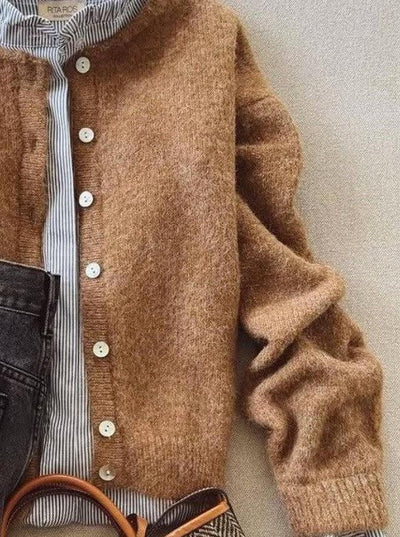 Ella - Brauner langärmeliger einfarbiger Cardigan