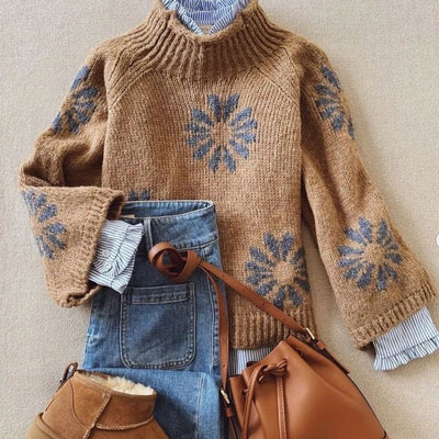 Nora - Brauner Retro Pullover mit langen Ärmeln und Rundhalsausschnitt