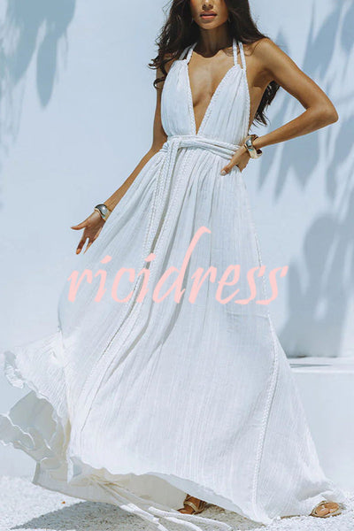Skye – Drapiertes Maxikleid aus Leinenmischung mit tiefem V-Ausschnitt, Neckholder und rückenfreiem Überzug