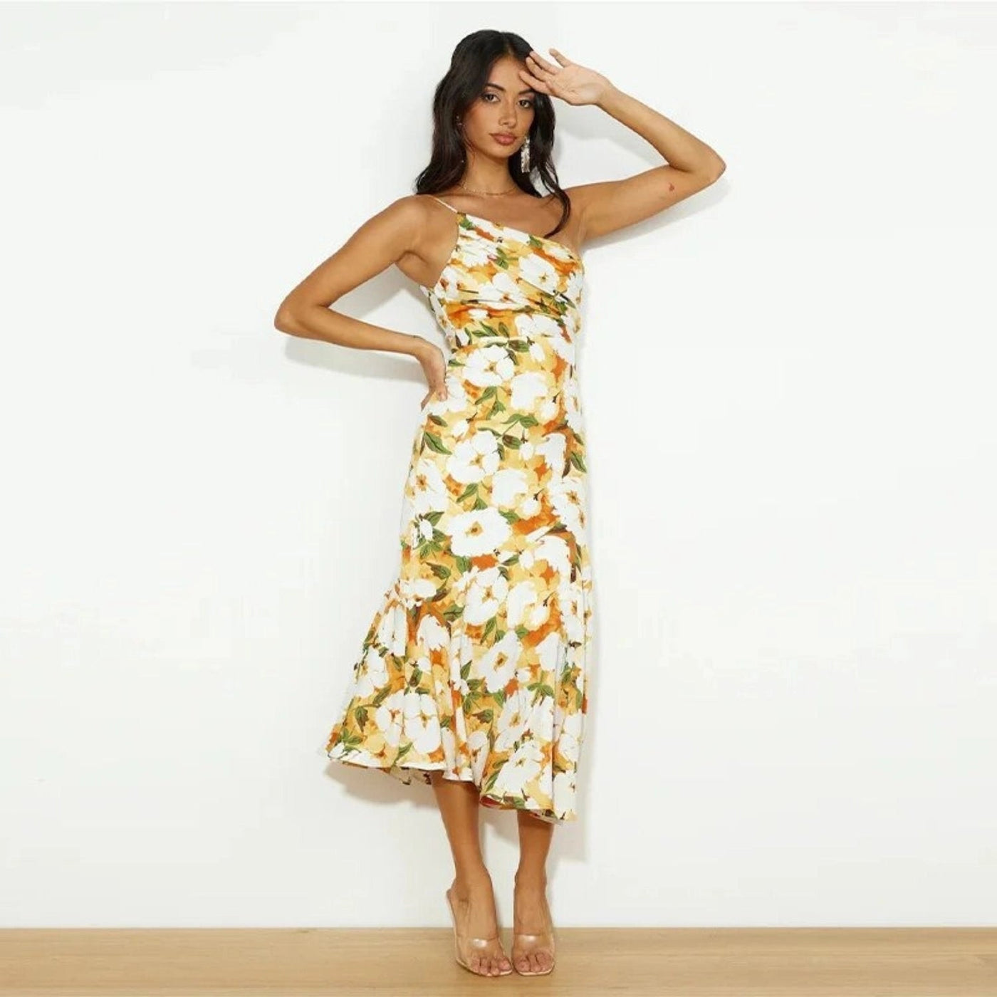Carina - Asymmetrisches Maxikleid mit floralem Muster