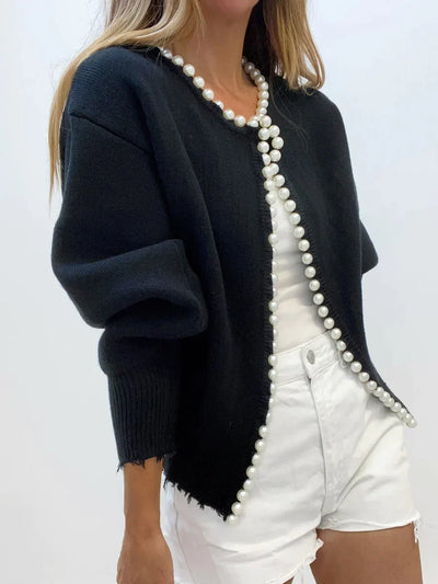 Paula - Strickjacke mit Perlenbesatz und geripptem Saum-PEARL