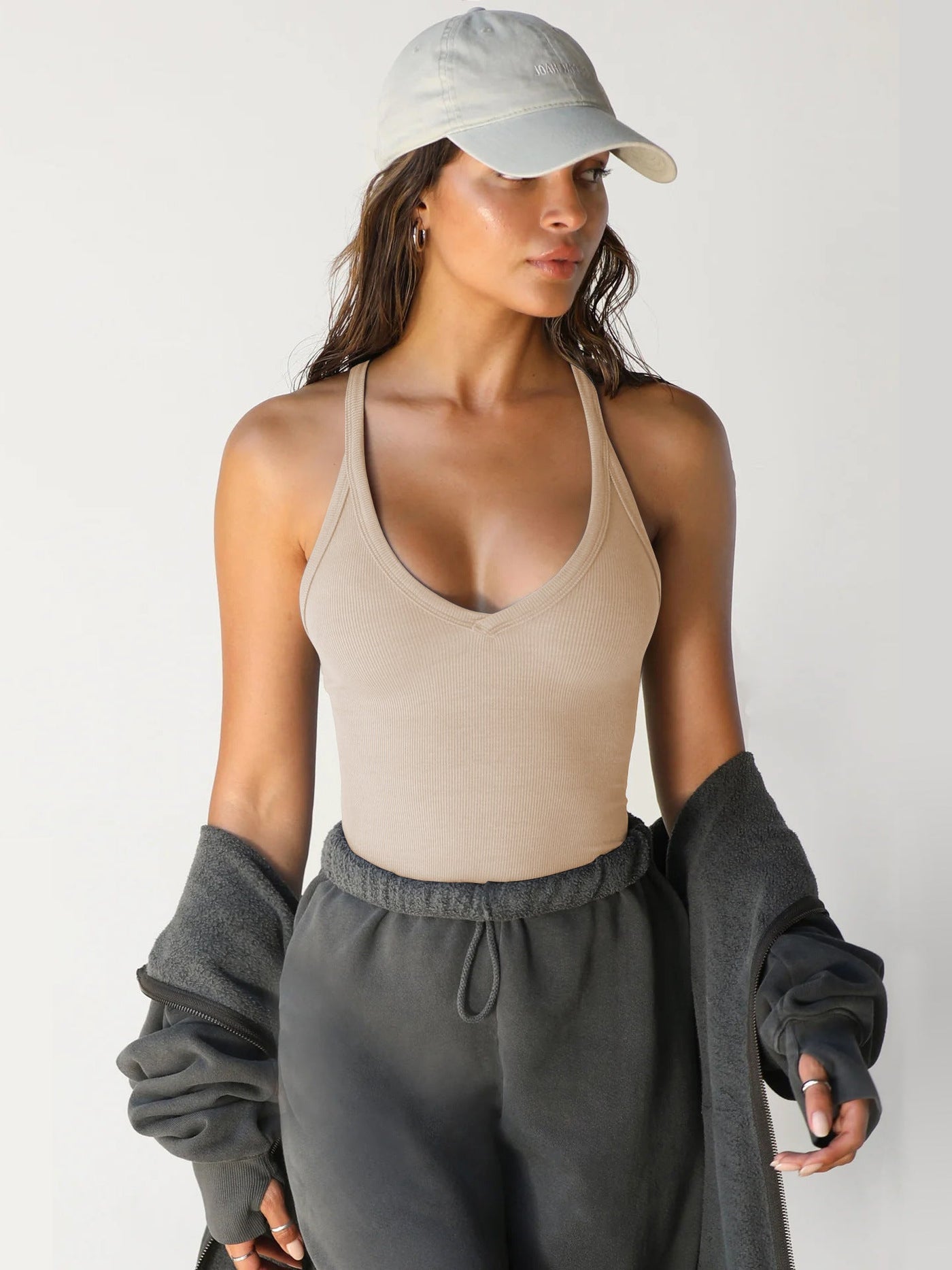 Caroline - Top senza maniche sexy con scollo a V e scollo all'americana 