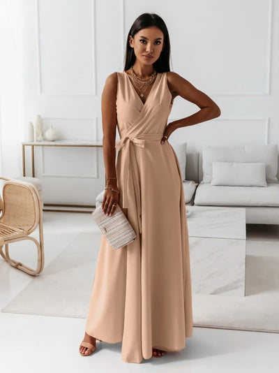 Jessica - Damen einfarbig V-Ausschnitt Langes Kleid