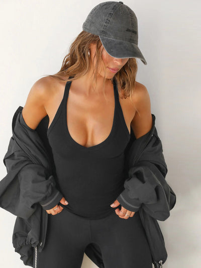 Caroline - Top senza maniche sexy con scollo a V e scollo all'americana 