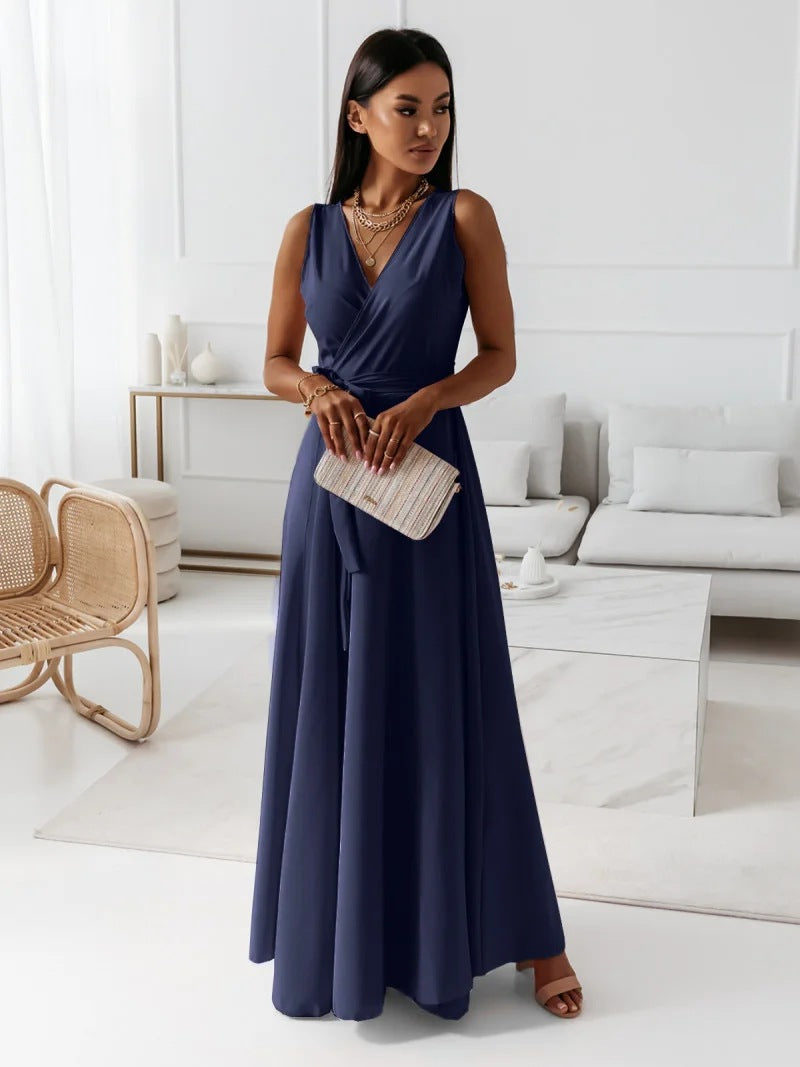 Jessica - Damen einfarbig V-Ausschnitt Langes Kleid
