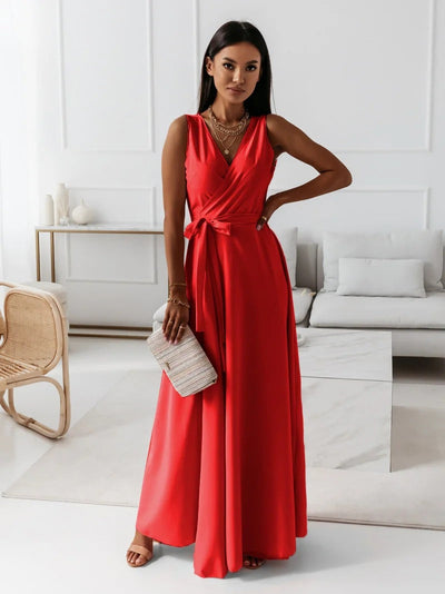 Jessica - Damen einfarbig V-Ausschnitt Langes Kleid