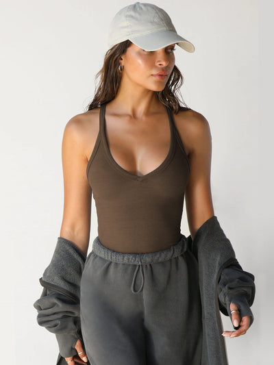 Caroline - Top senza maniche sexy con scollo a V e scollo all'americana 