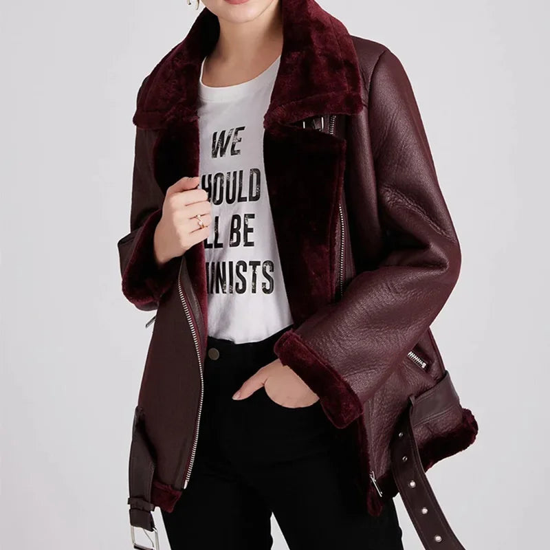 Irina - Warme Lederjacke mit Reißverschlüssen und warmer Innenseite
