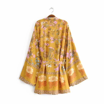 Dina - Lang Vintage Kimono mit buntem Druck