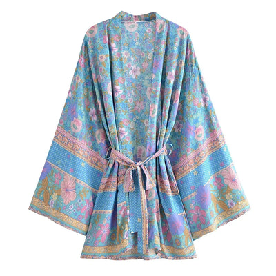 Dina - Lang Vintage Kimono mit buntem Druck