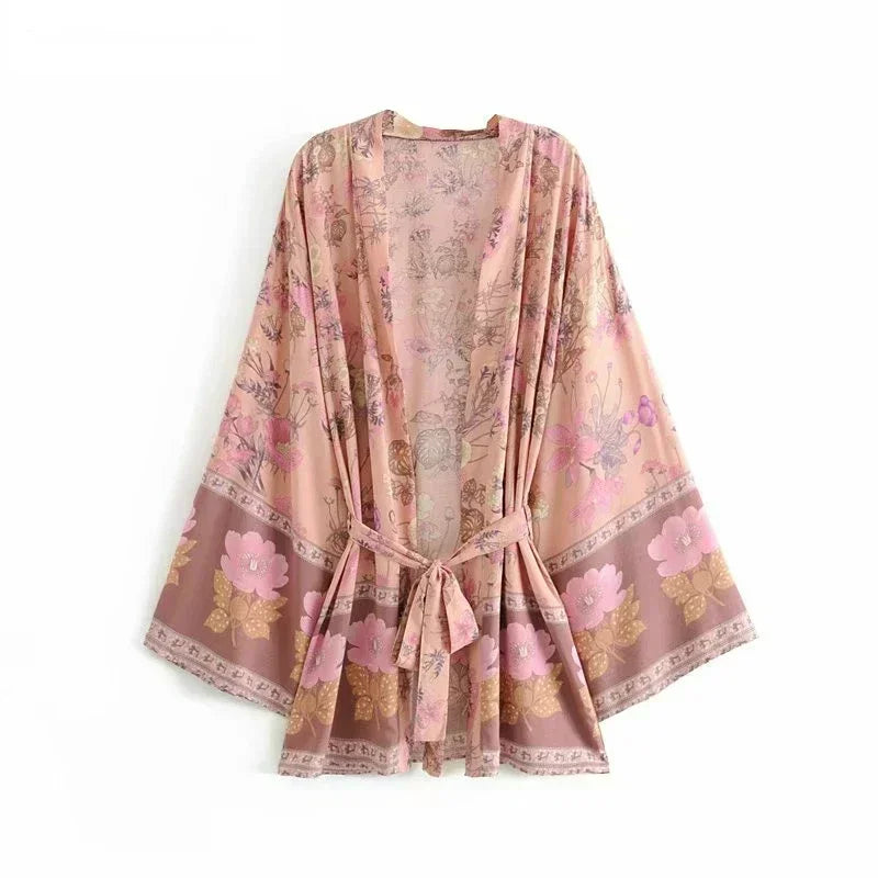 Dina - Lang Vintage Kimono mit buntem Druck