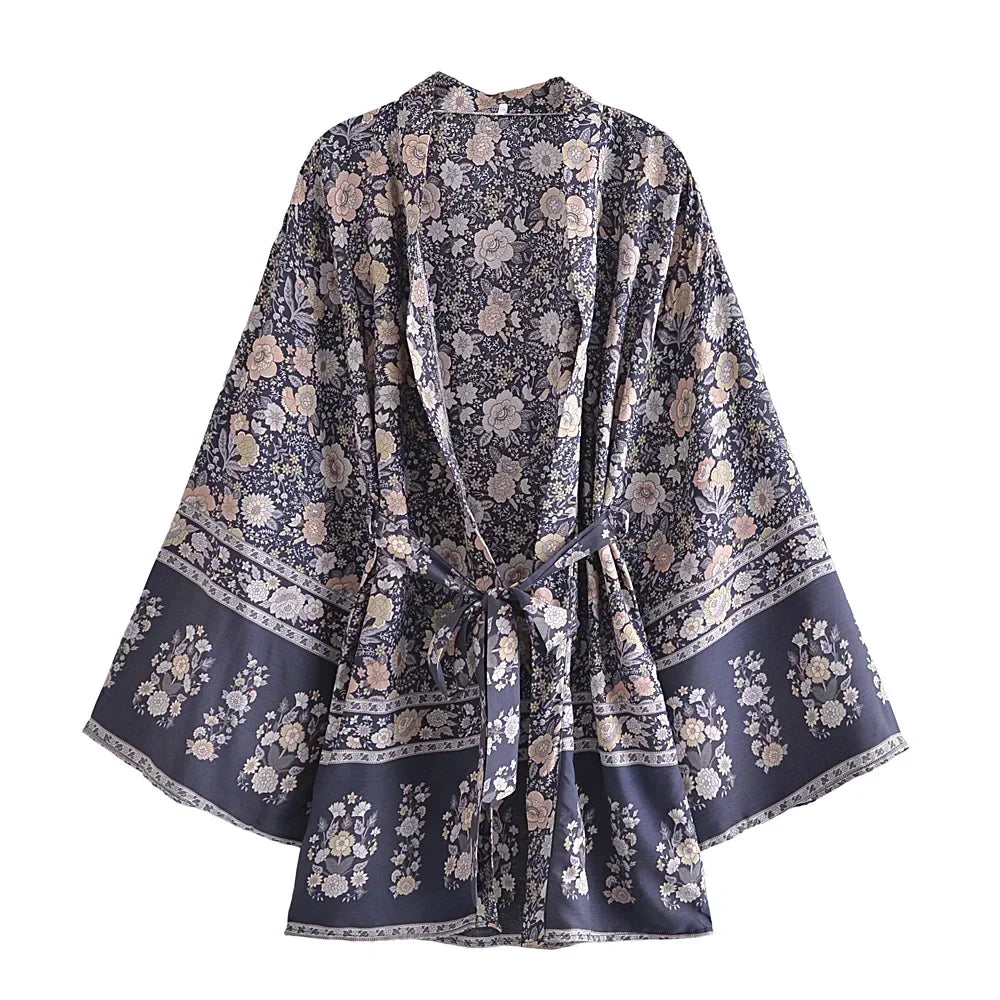 Dina - Lang Vintage Kimono mit buntem Druck