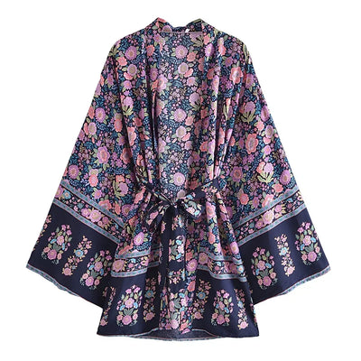 Dina - Lang Vintage Kimono mit buntem Druck