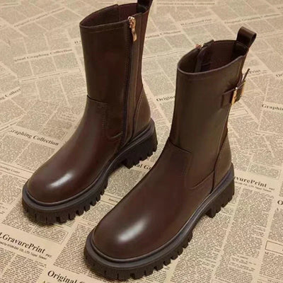 Dorrotea - Bequeme einfache Lederstiefel mit Gürtel und Reißverschluss