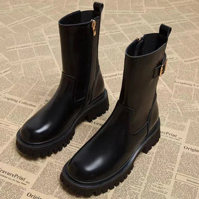 Dorrotea - Bequeme einfache Lederstiefel mit Gürtel und Reißverschluss