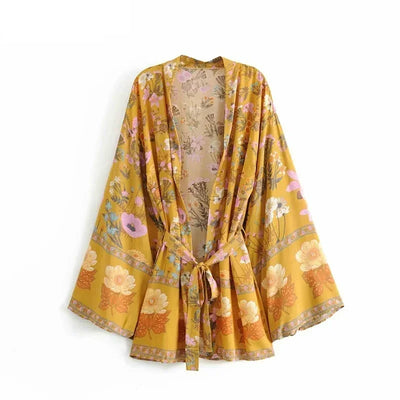 Dina - Lang Vintage Kimono mit buntem Druck