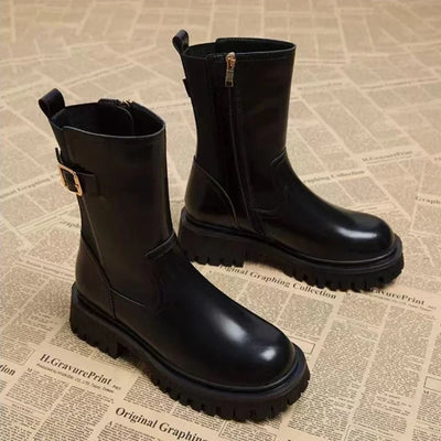 Dorrotea - Bequeme einfache Lederstiefel mit Gürtel und Reißverschluss