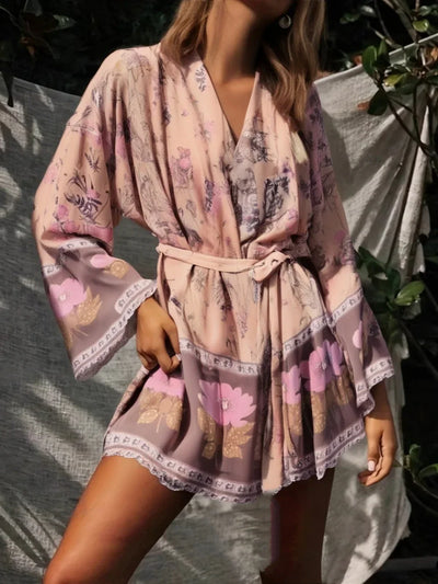 Dina - Lang Vintage Kimono mit buntem Druck