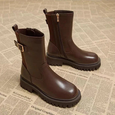 Dorrotea - Bequeme einfache Lederstiefel mit Gürtel und Reißverschluss