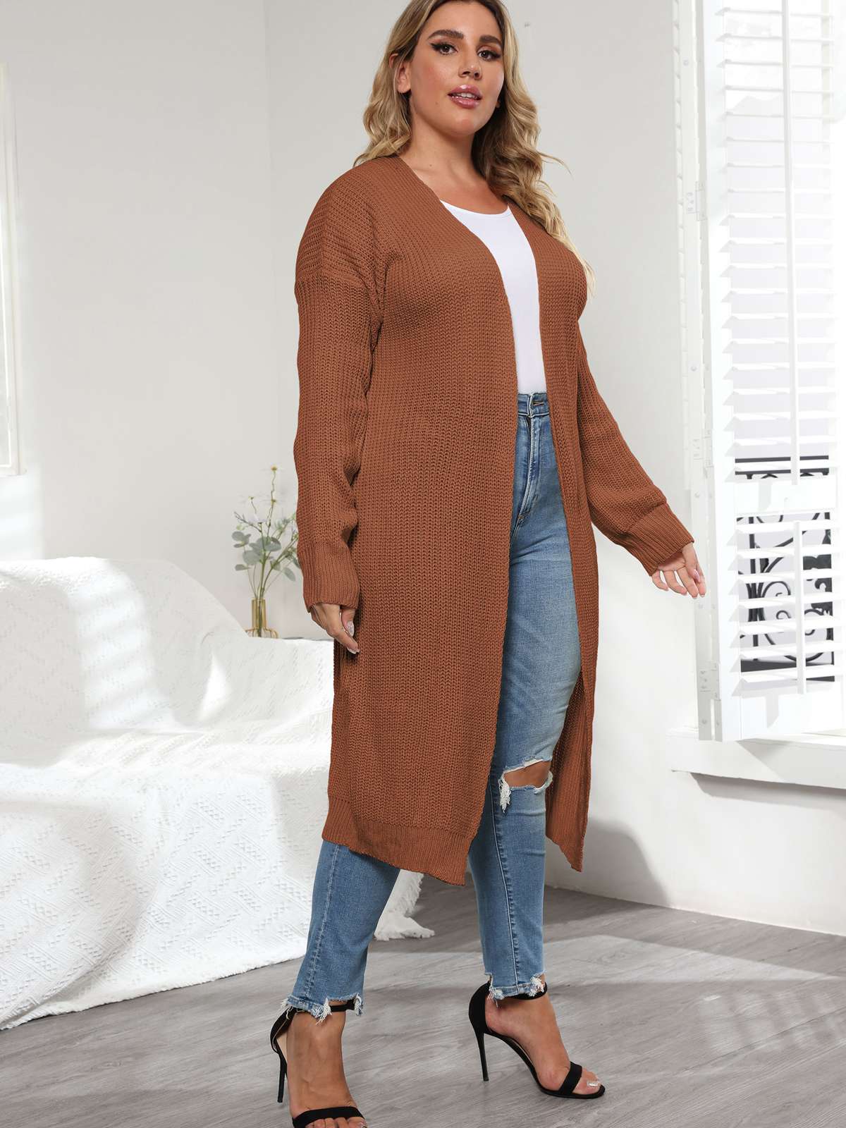 [Übergröße] Solide Farbe 1960er gestrickte lange Strickjacke