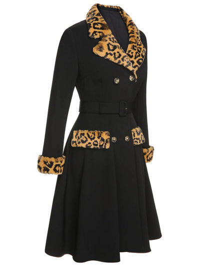 Schwarzer 1950er Leopard Revers-Taschenmantel