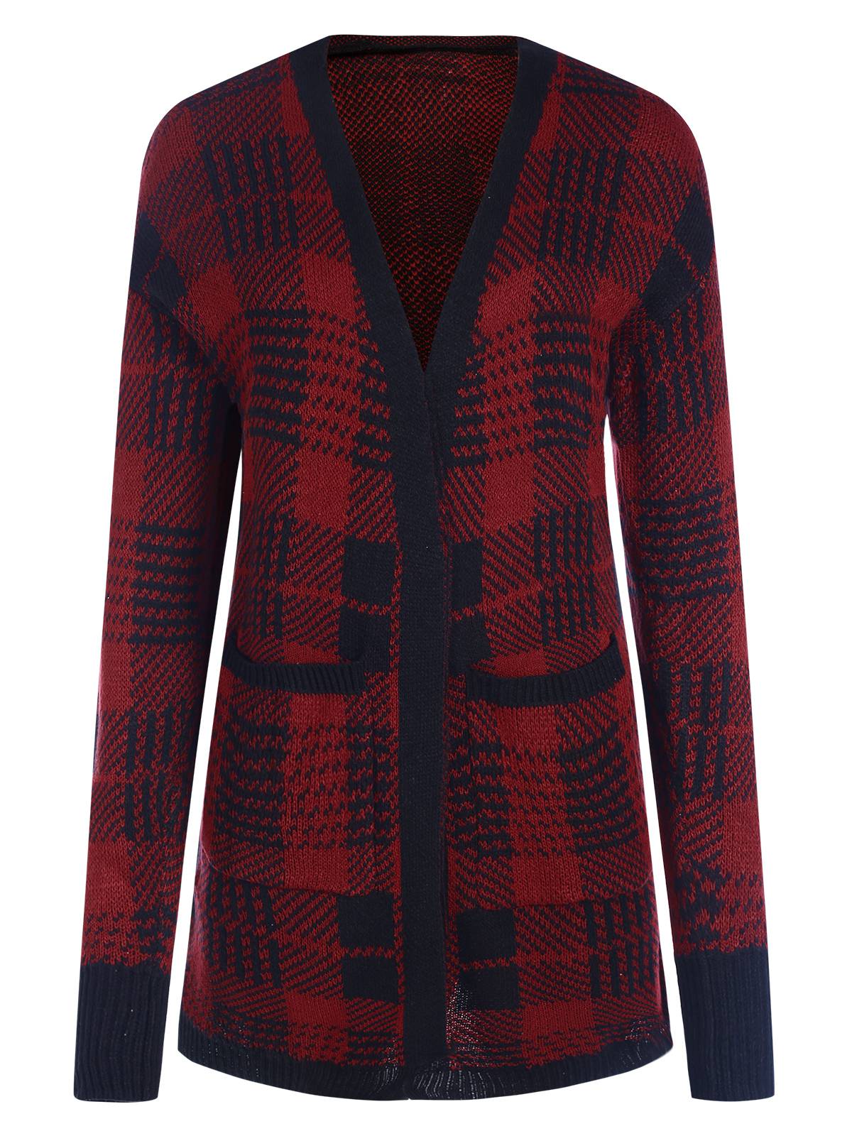 Rot 1950er Taschen Plaid Strickjacke