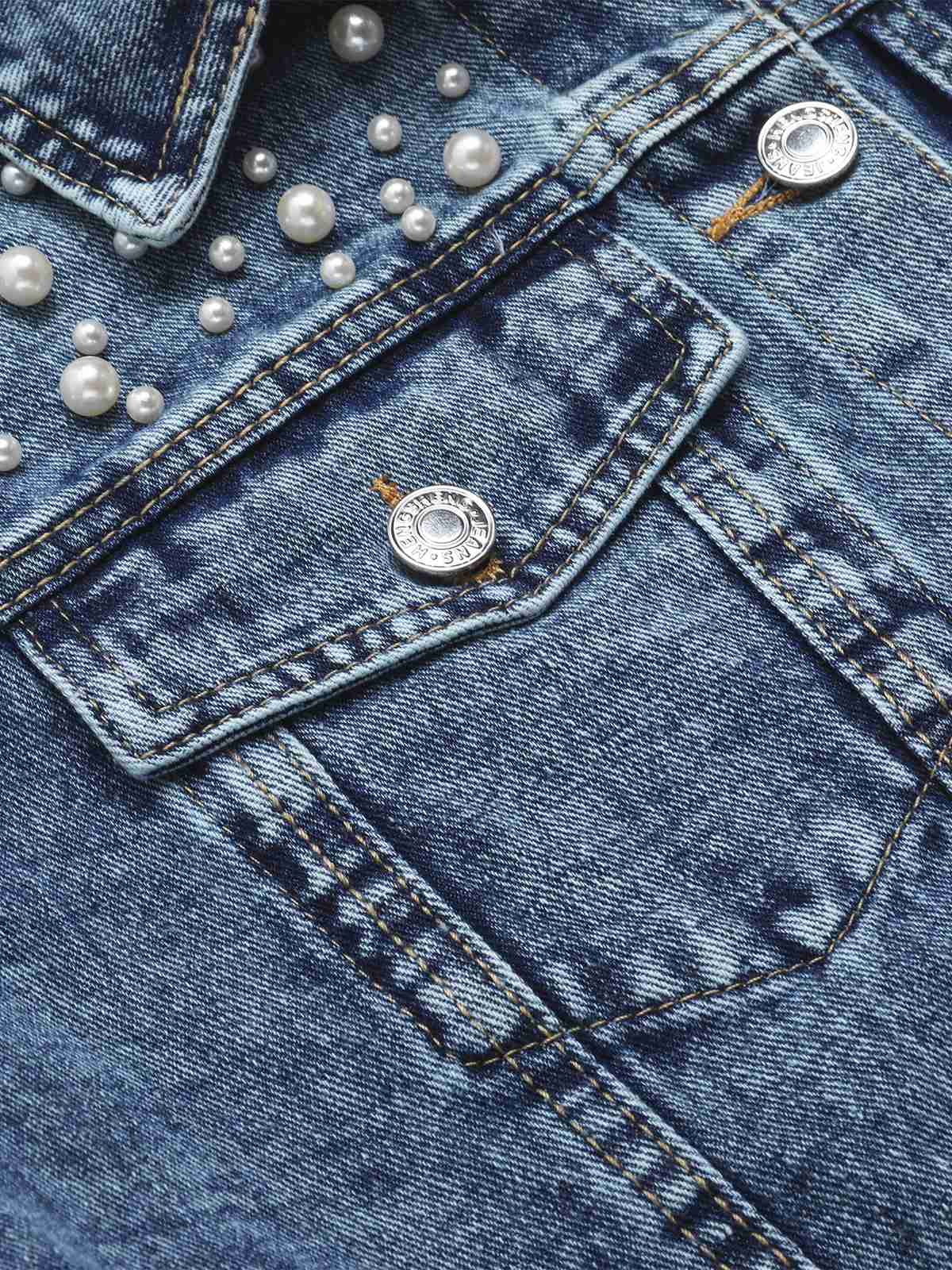 Blau 1950er Revers Perlen Denim Kurzmantel