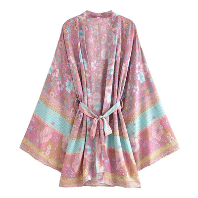 Dina - Lang Vintage Kimono mit buntem Druck