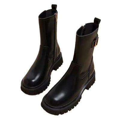 Dorrotea - Bequeme einfache Lederstiefel mit Gürtel und Reißverschluss