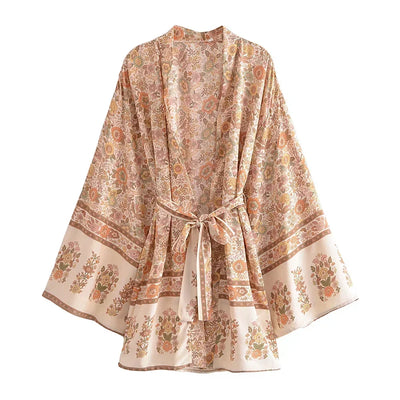 Dina - Lang Vintage Kimono mit buntem Druck