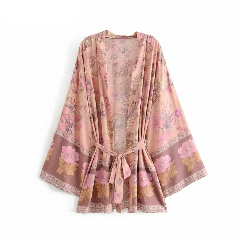 Dina - Lang Vintage Kimono mit buntem Druck