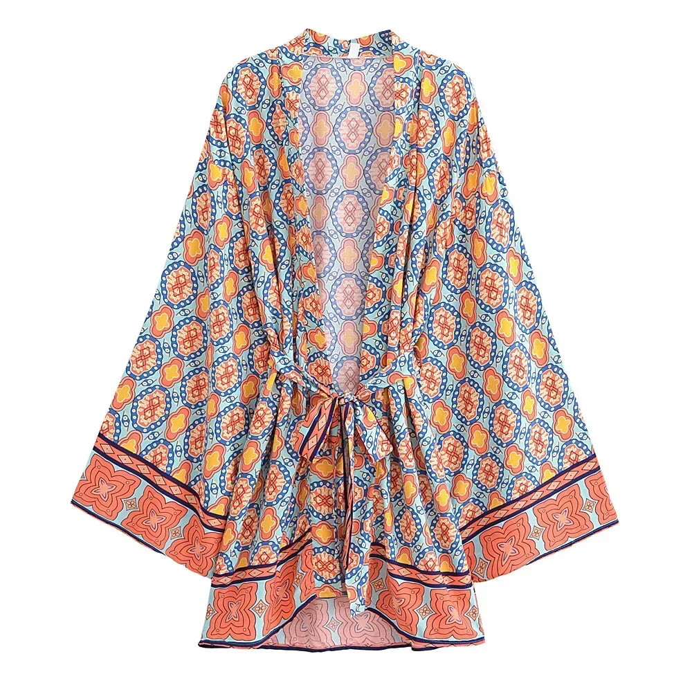 Dina - Lang Vintage Kimono mit buntem Druck