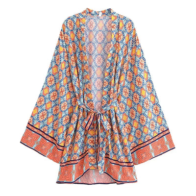 Dina - Lang Vintage Kimono mit buntem Druck