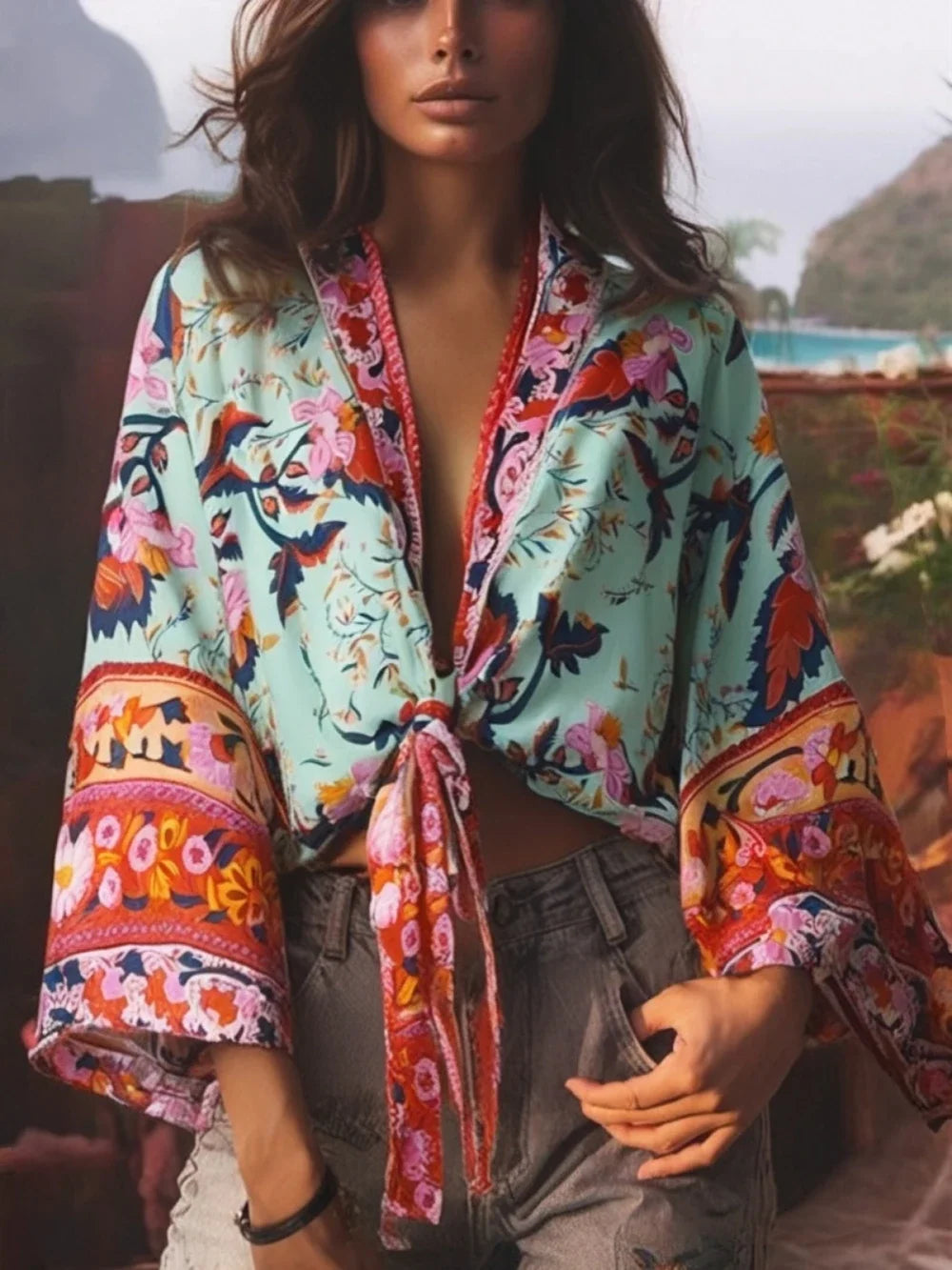 Dina - Vintage Kimono mit buntem Druck