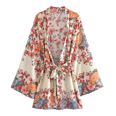 Dina - Lang Vintage Kimono mit buntem Druck