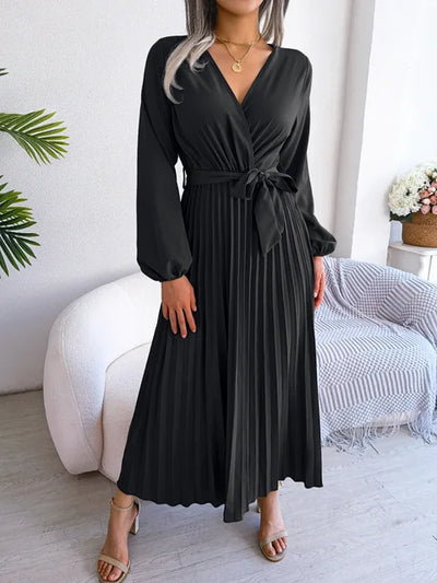 Daisy - Damen V-Ausschnitt Plissiertes Maxikleid Langarm