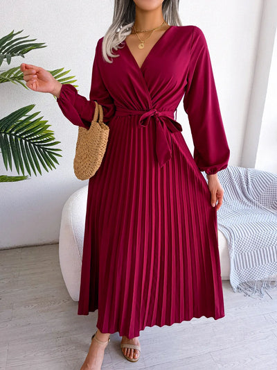 Daisy - Damen V-Ausschnitt Plissiertes Maxikleid Langarm