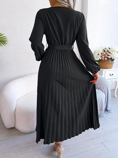 Daisy - Damen V-Ausschnitt Plissiertes Maxikleid Langarm