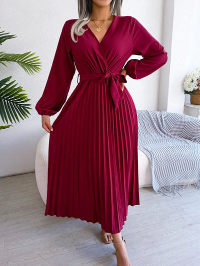 Daisy - Damen V-Ausschnitt Plissiertes Maxikleid Langarm