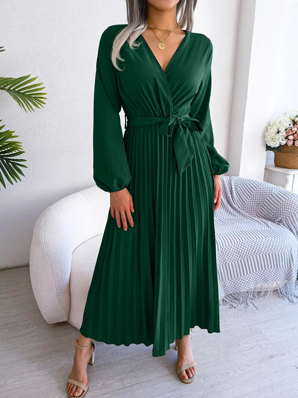 Daisy - Damen V-Ausschnitt Plissiertes Maxikleid Langarm