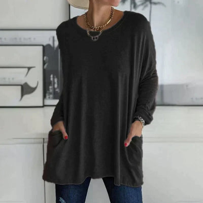 Cariel | Mode Tunika Top Tasche Lose Rundhals Langarm