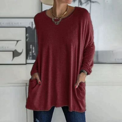 Cariel | Mode Tunika Top Tasche Lose Rundhals Langarm